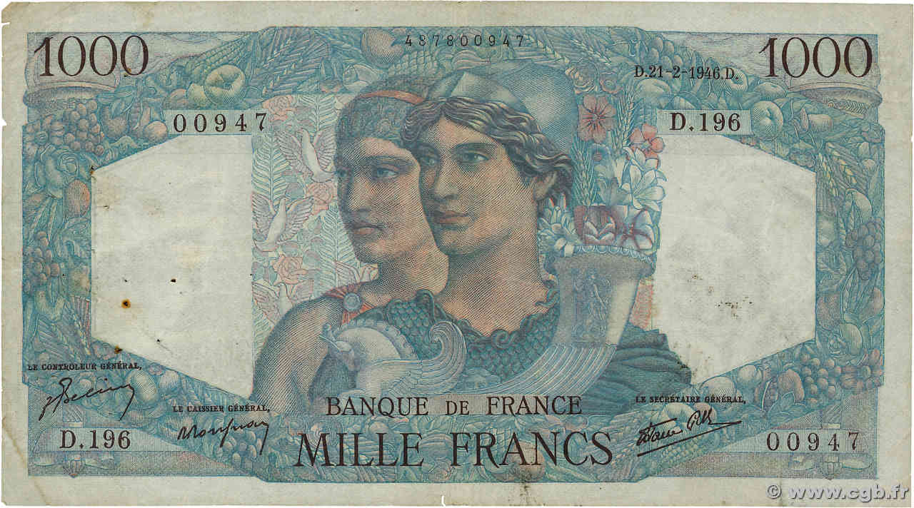 1000 Francs MINERVE ET HERCULE FRANCE  1946 F.41.11 TB