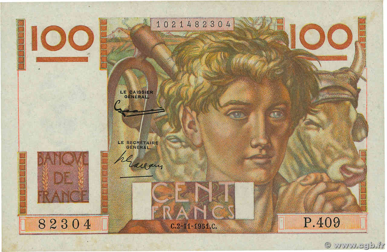 100 Francs JEUNE PAYSAN FRANCIA  1951 F.28.30 SPL