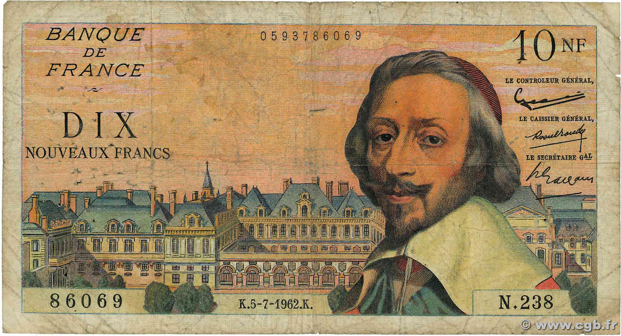 10 Nouveaux Francs RICHELIEU FRANCIA  1962 F.57.20 B