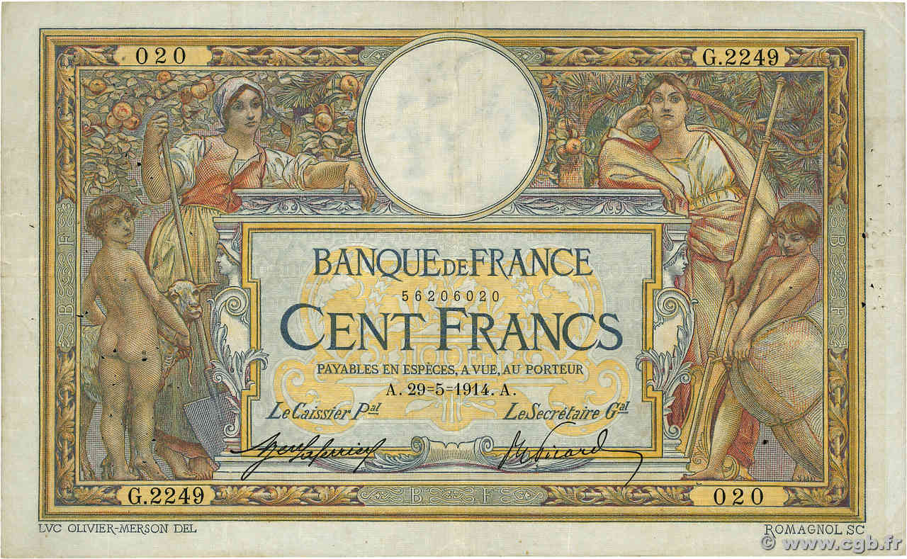 100 Francs LUC OLIVIER MERSON sans LOM FRANCIA  1914 F.23.06 BC