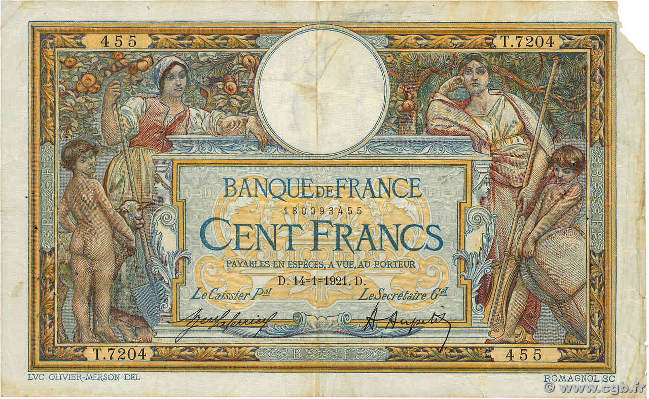 100 Francs LUC OLIVIER MERSON sans LOM FRANCIA  1921 F.23.14 BC