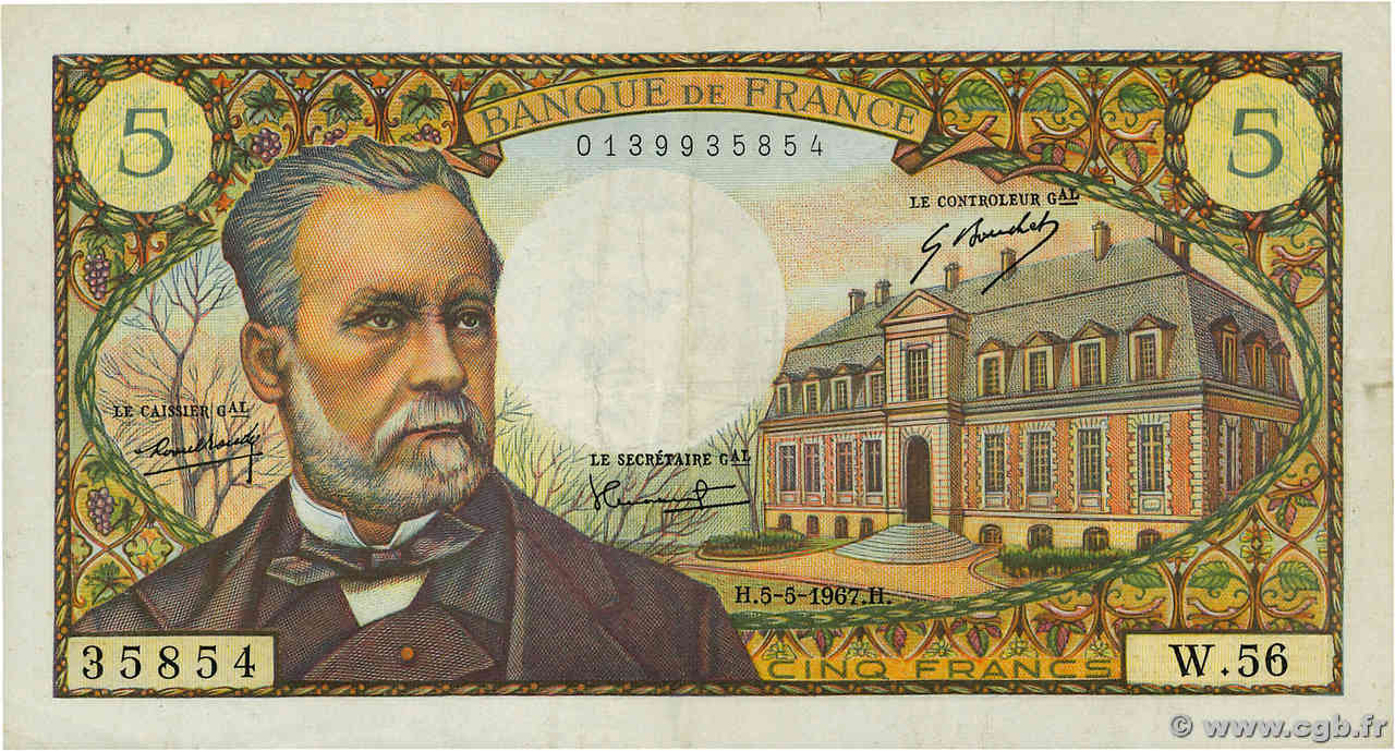 5 Francs PASTEUR FRANKREICH  1967 F.61.05 fVZ