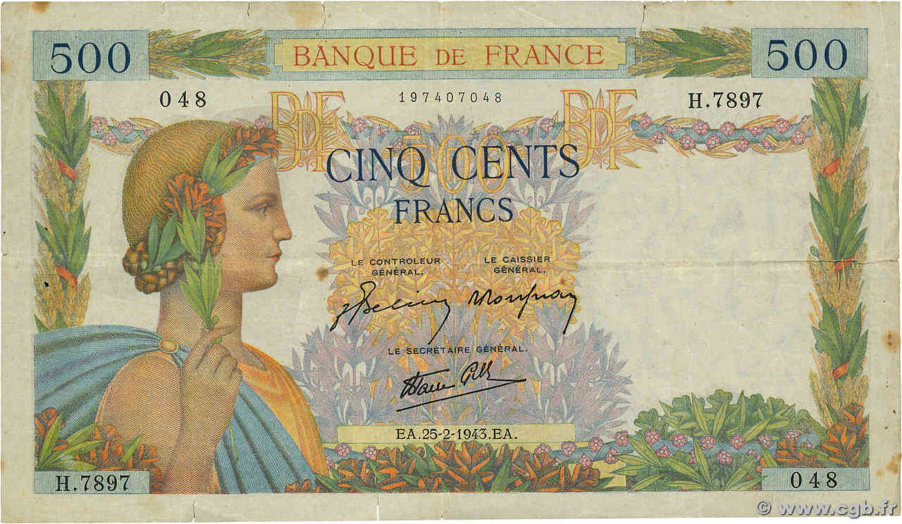 500 Francs LA PAIX FRANCE  1943 F.32.45 TB