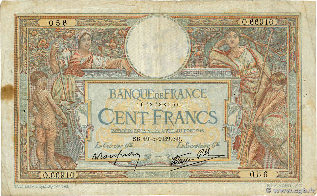 100 Francs LUC OLIVIER MERSON type modifié FRANCIA  1939 F.25.47 BC