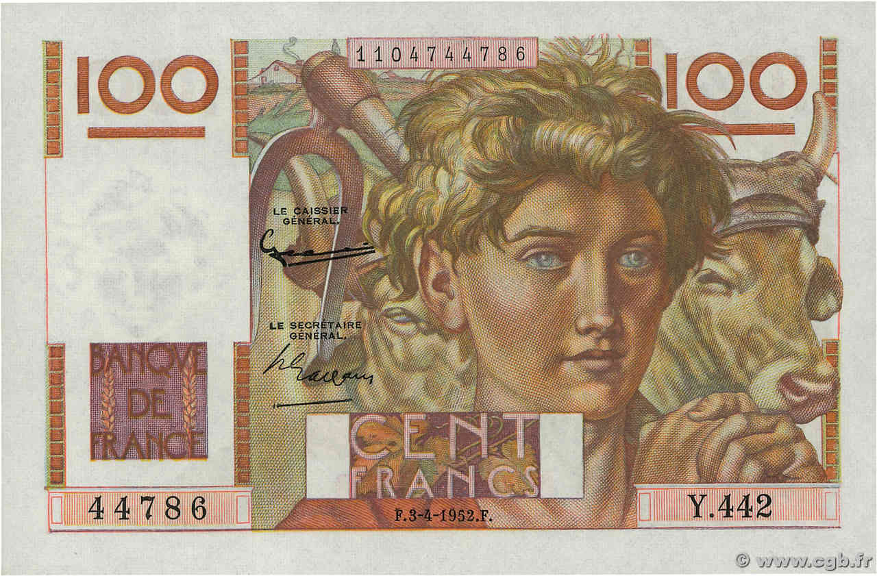 100 Francs JEUNE PAYSAN FRANCIA  1952 F.28.32 q.FDC