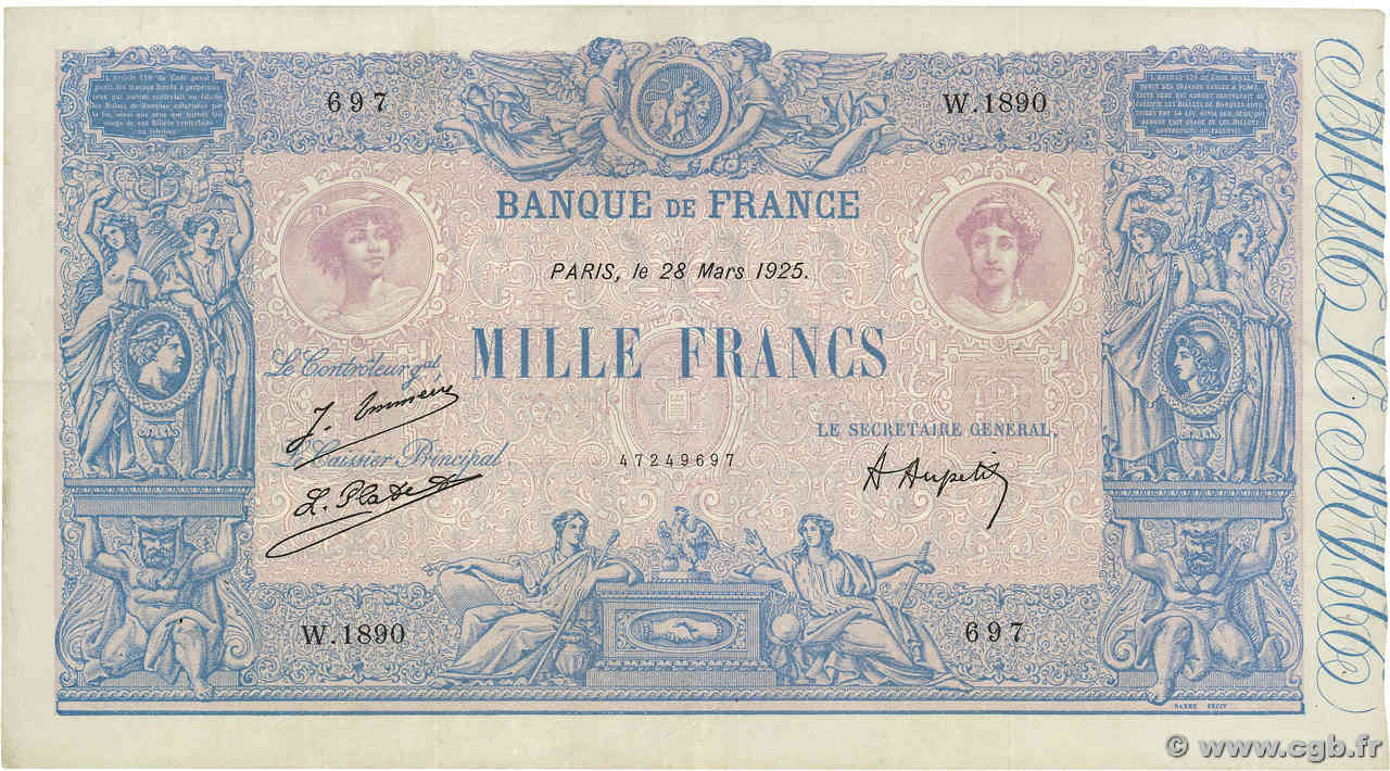 1000 Francs BLEU ET ROSE FRANCE  1925 F.36.41 VF