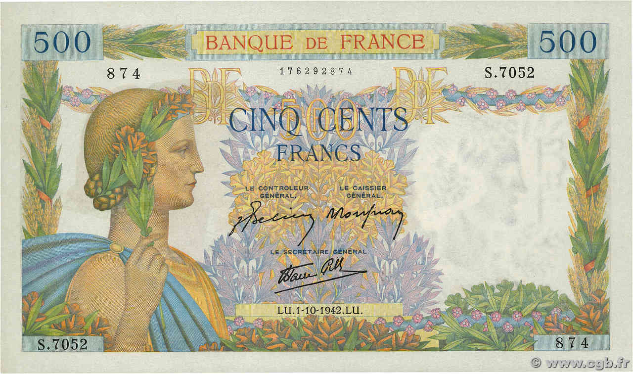 500 Francs LA PAIX FRANCIA  1942 F.32.41 FDC