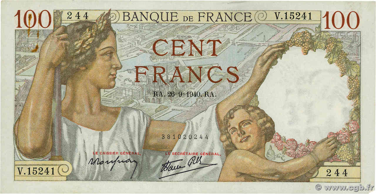 100 Francs SULLY FRANCE  1940 F.26.38 TTB+