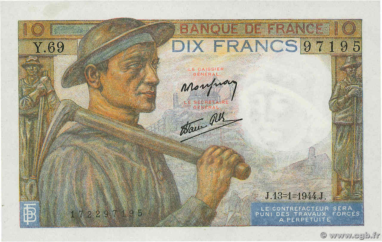 10 Francs MINEUR FRANKREICH  1944 F.08.10 ST