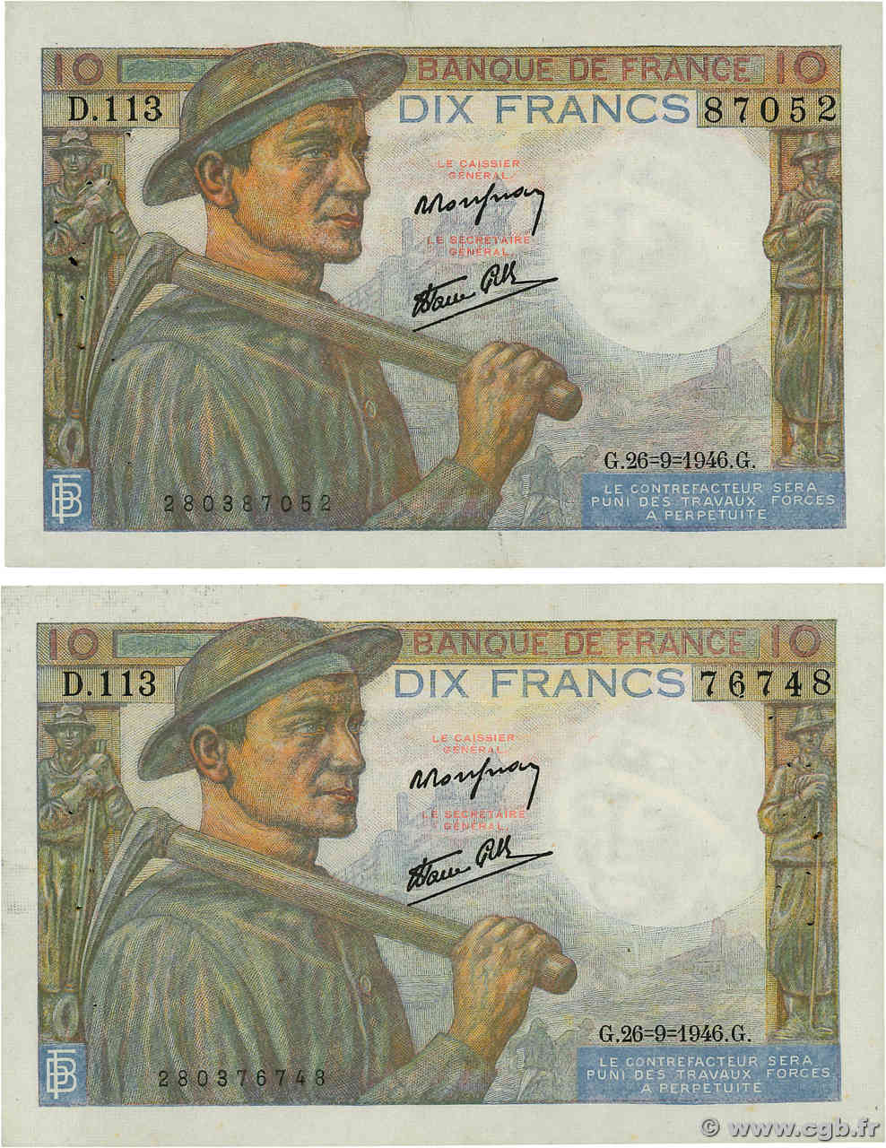 10 Francs MINEUR Lot FRANKREICH  1946 F.08.15 fVZ