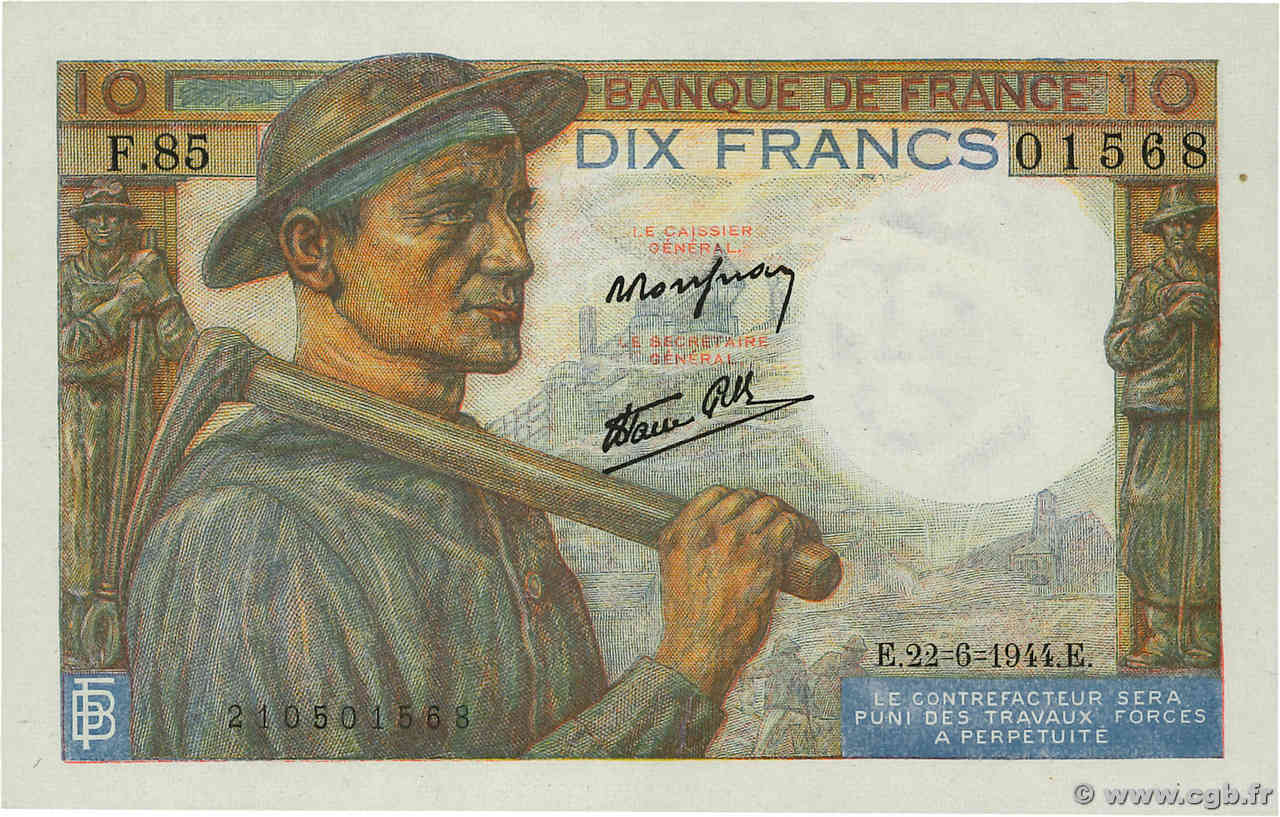 10 Francs MINEUR FRANCE  1944 F.08.12 UNC-