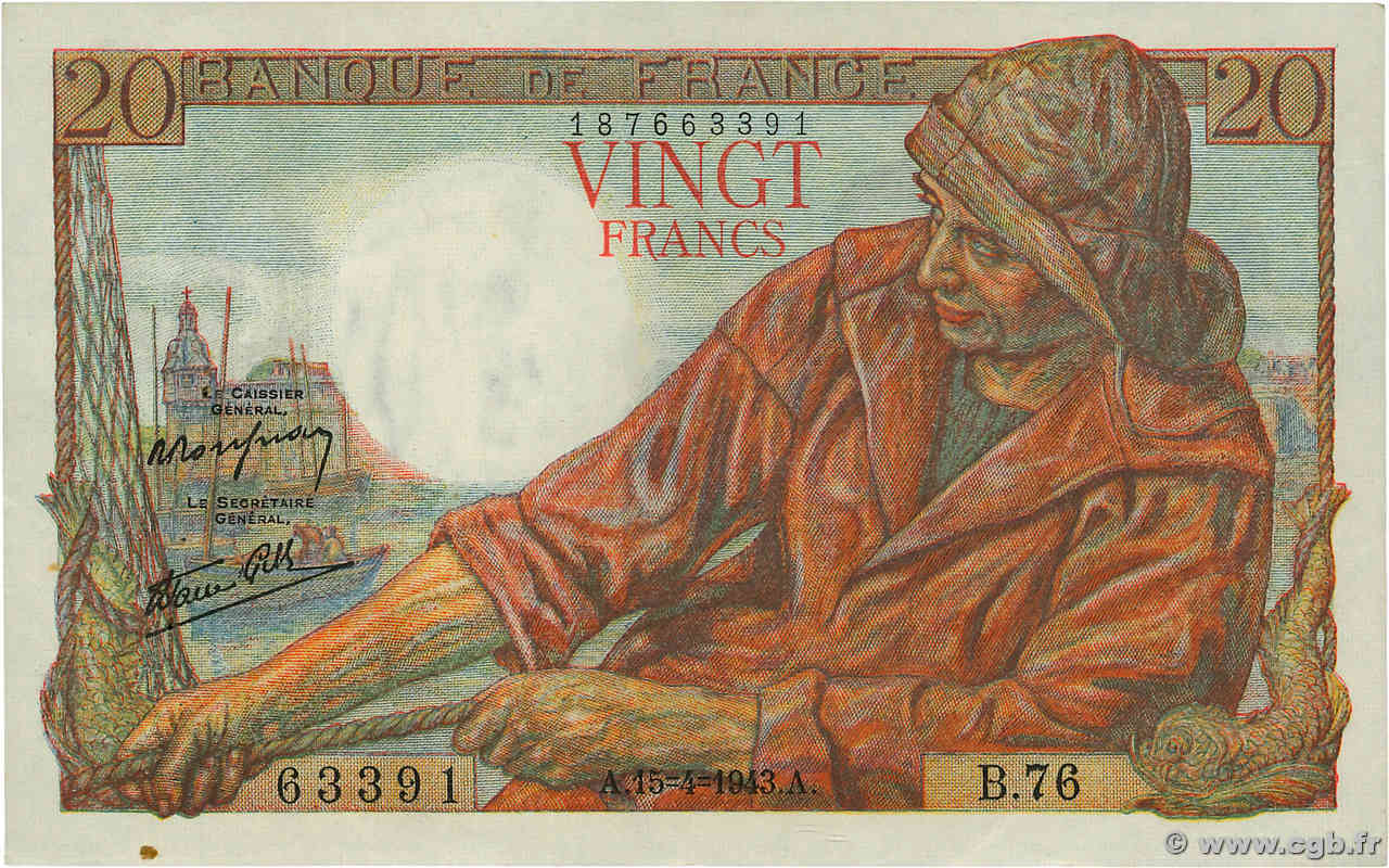 20 Francs PÊCHEUR FRANCIA  1943 F.13.06 EBC+