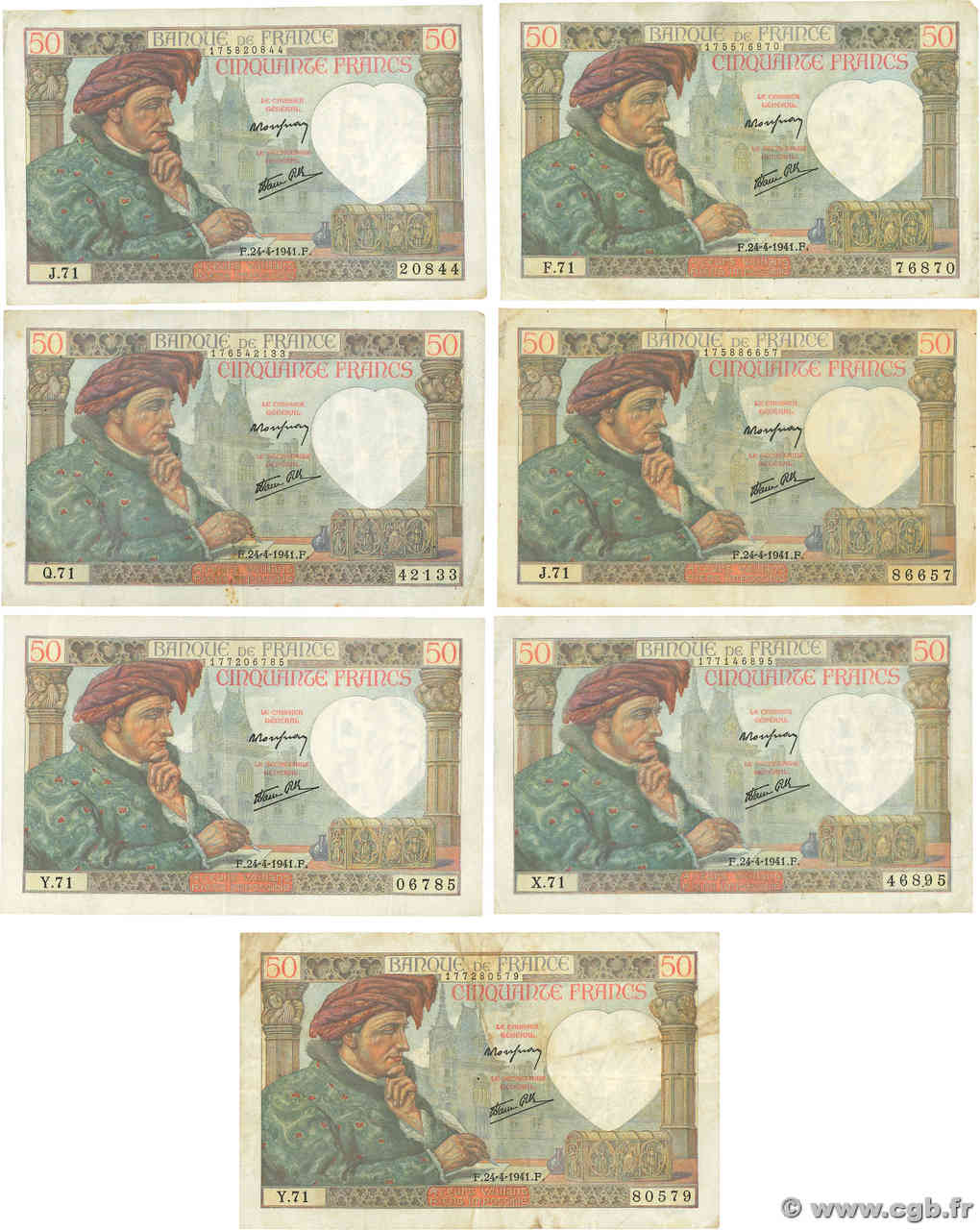 50 Francs JACQUES CŒUR Lot FRANCE  1941 F.19.09 F+