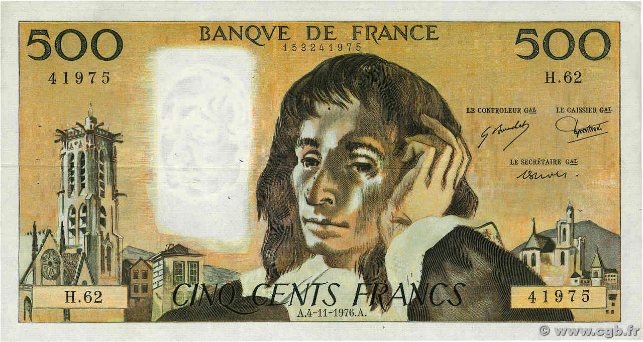 500 Francs PASCAL FRANCE  1976 F.71.15 VF