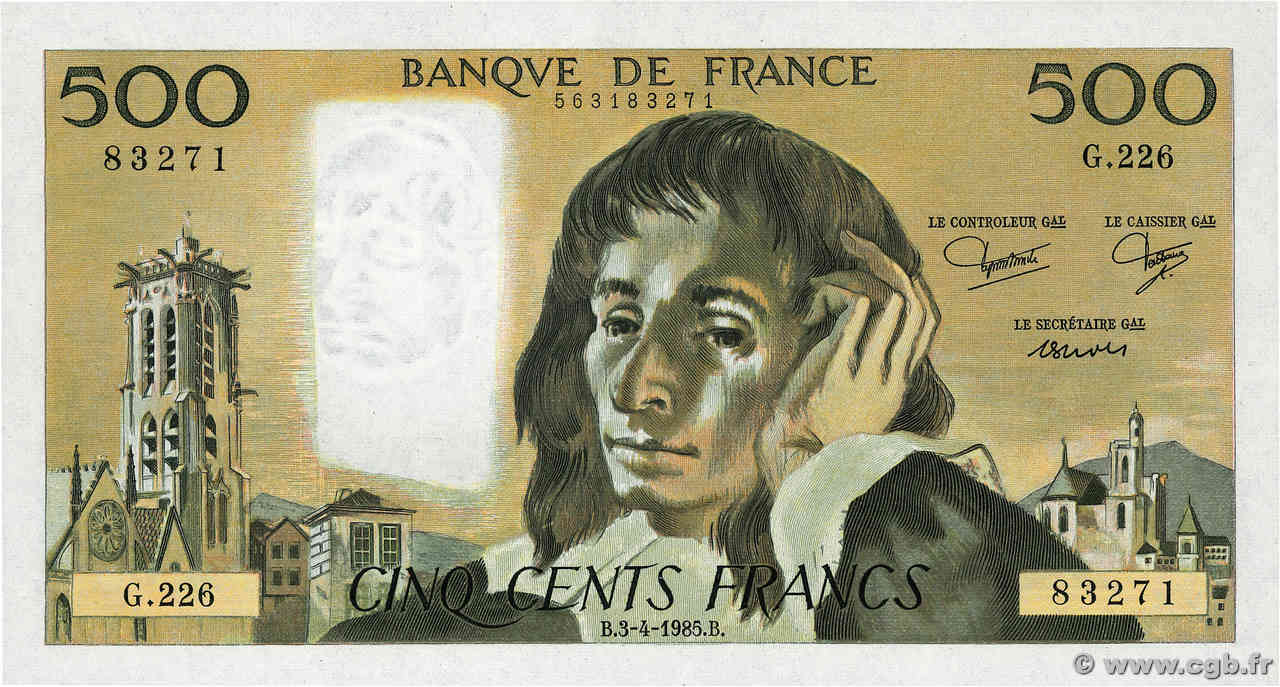 500 Francs PASCAL FRANCIA  1985 F.71.33 q.FDC