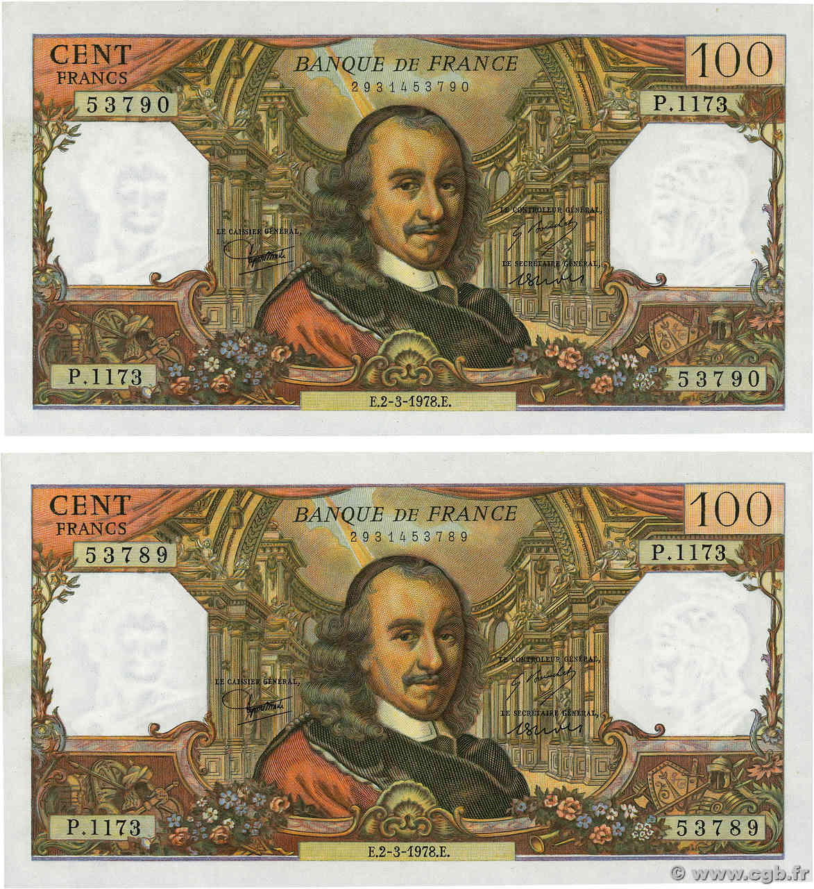 100 Francs CORNEILLE Consécutifs FRANKREICH  1978 F.65.62 VZ