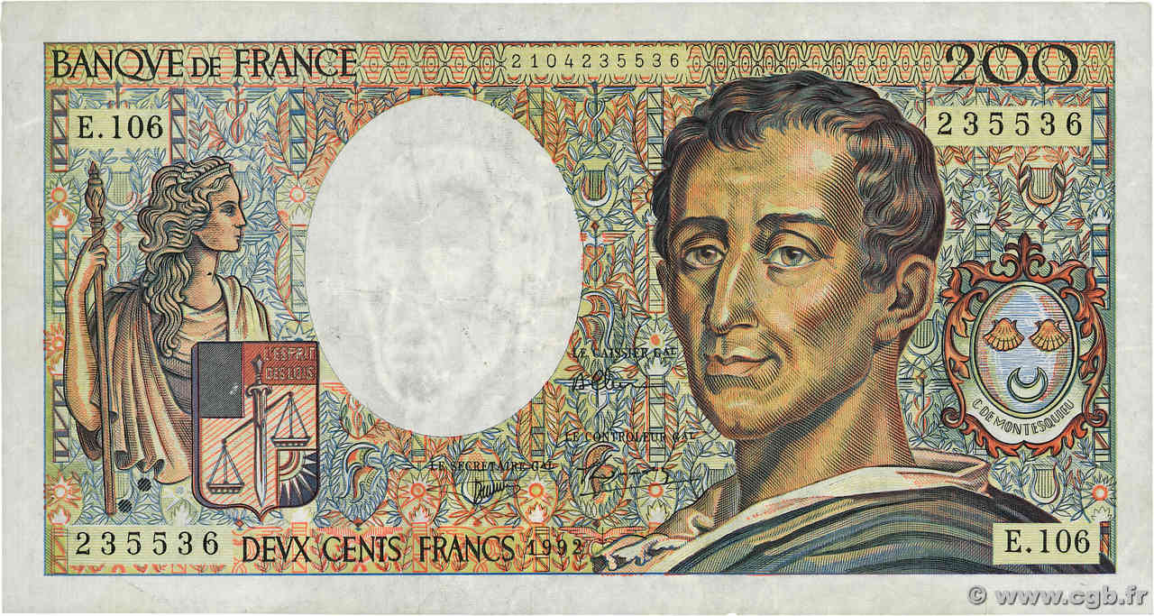 200 Francs MONTESQUIEU FRANCIA  1992 F.70.12a q.BB