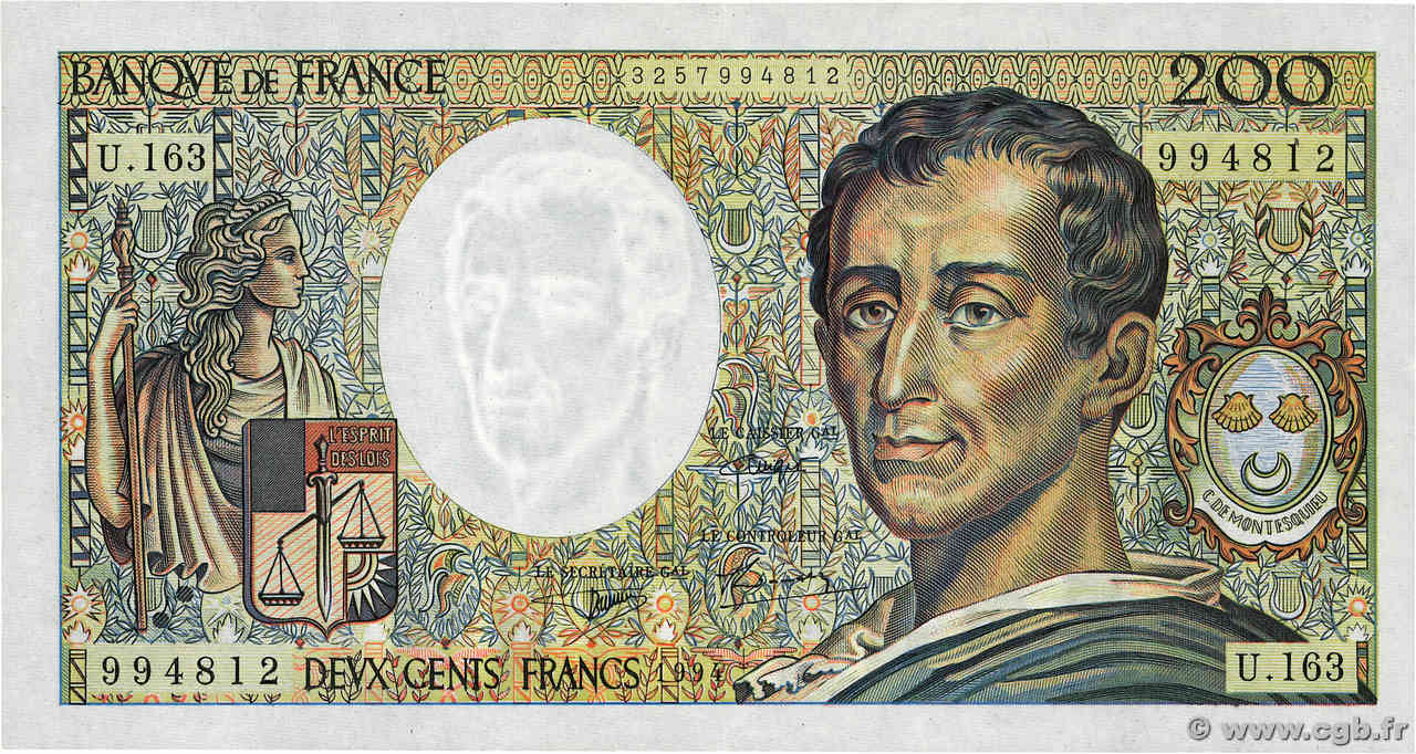 200 Francs MONTESQUIEU Modifié FRANCE  1994 F.70/2.01 XF-