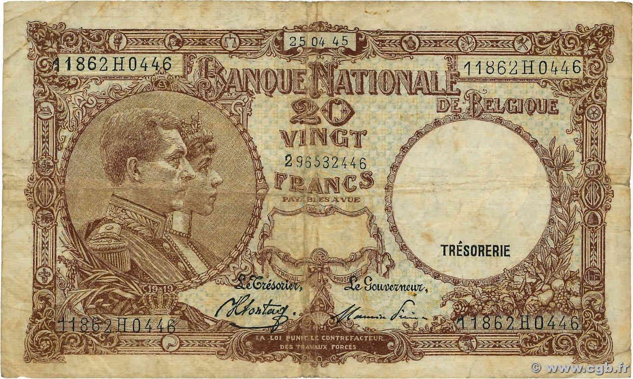 20 Francs BELGIO  1945 P.111 B