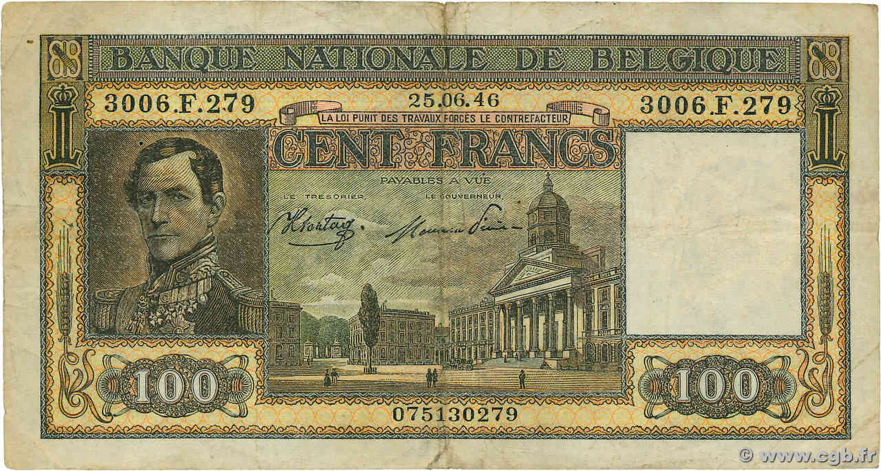 100 Francs BELGIQUE  1946 P.126 TB