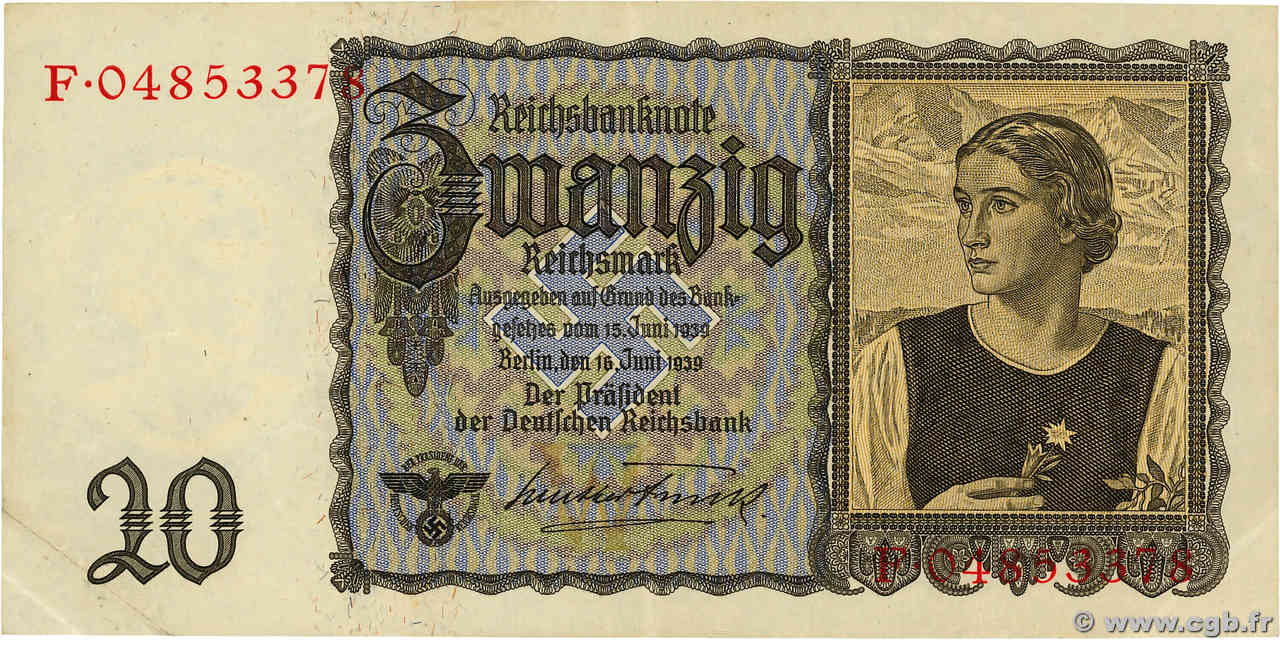 20 Reichsmark DEUTSCHLAND  1939 P.185 VZ