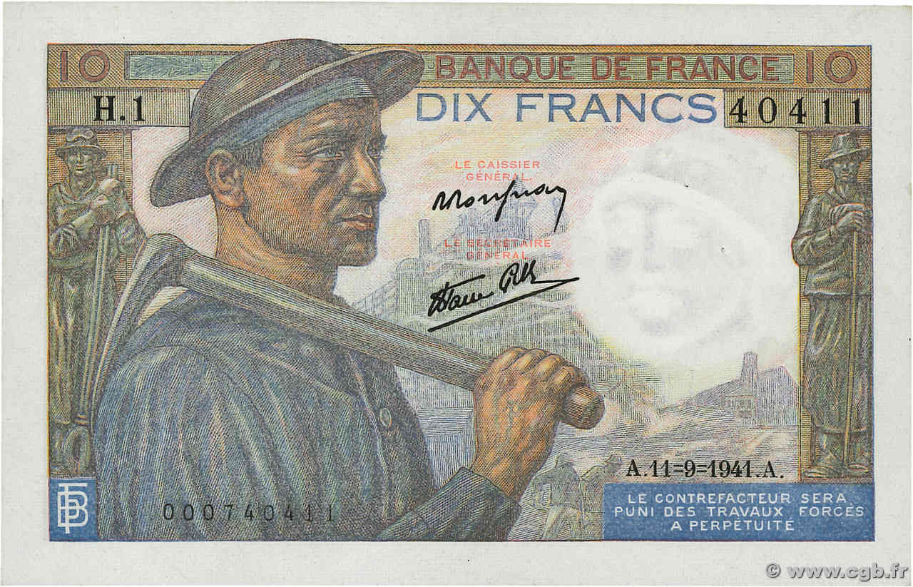 10 Francs MINEUR FRANCIA  1941 F.08.01 AU