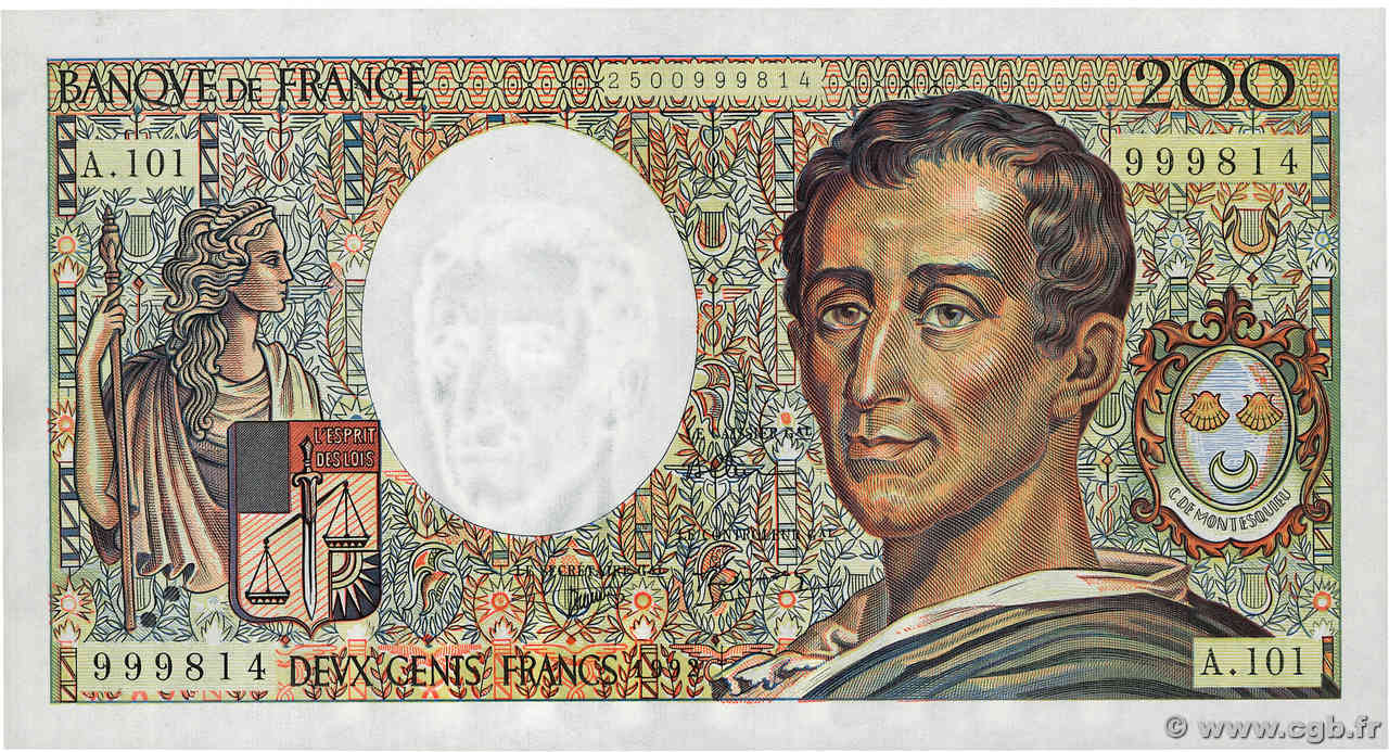 200 Francs MONTESQUIEU alphabet 101 FRANCIA  1992 F.70bis.01 AU+