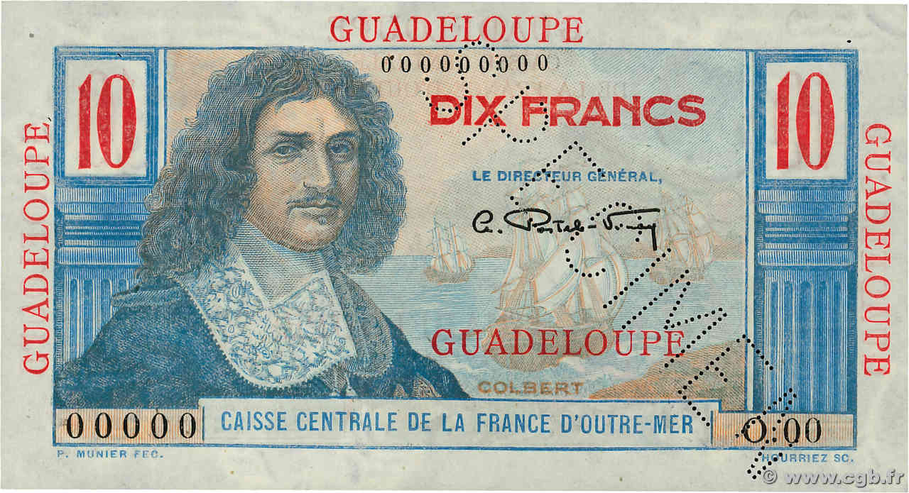 10 Francs Colbert Spécimen GUADELOUPE  1946 P.32s fST