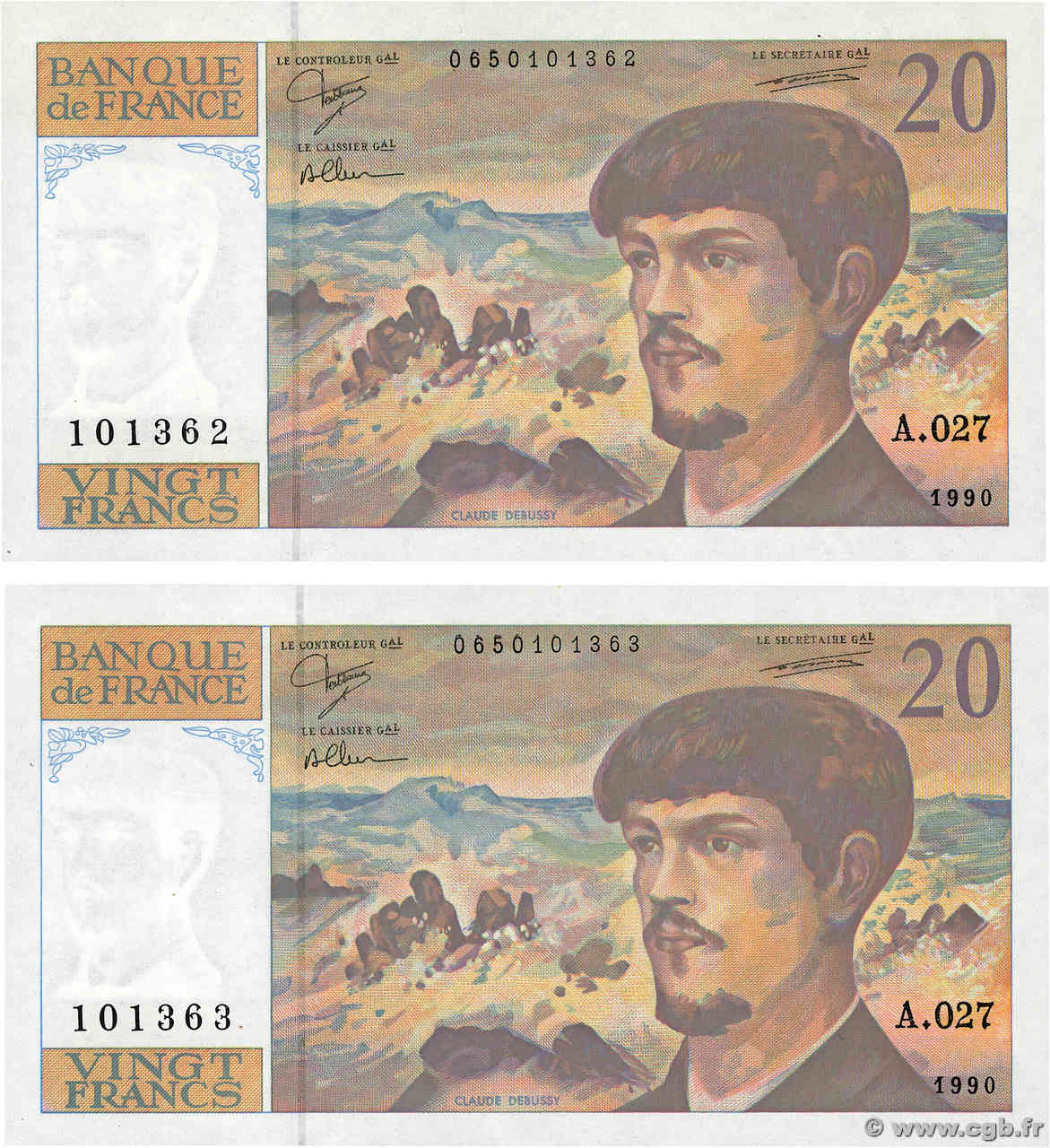 20 Francs DEBUSSY à fil de sécurité Consécutifs FRANKREICH  1990 F.66bis.01A27 fST+