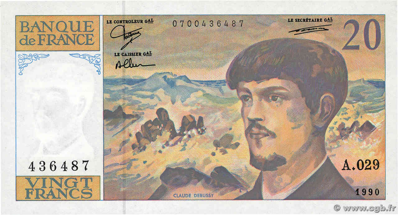 20 Francs DEBUSSY à fil de sécurité FRANCIA  1990 F.66bis.01A29 q.FDC