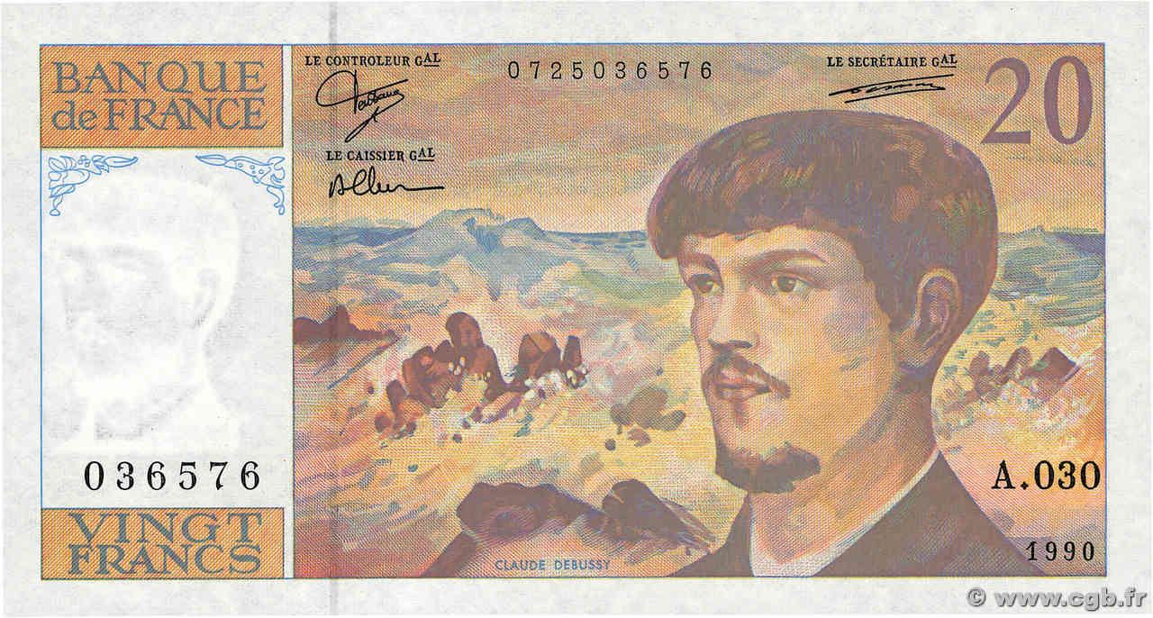 20 Francs DEBUSSY à fil de sécurité FRANCIA  1990 F.66bis.01A30 q.FDC