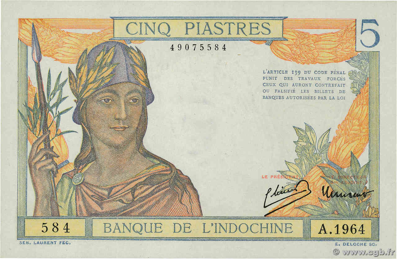 5 Piastres INDOCINA FRANCESE  1946 P.055c AU