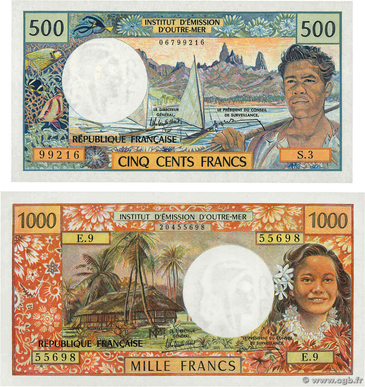 500 et 1000 Francs Lot TAHITI  1985 P.25d et P.27d SC+