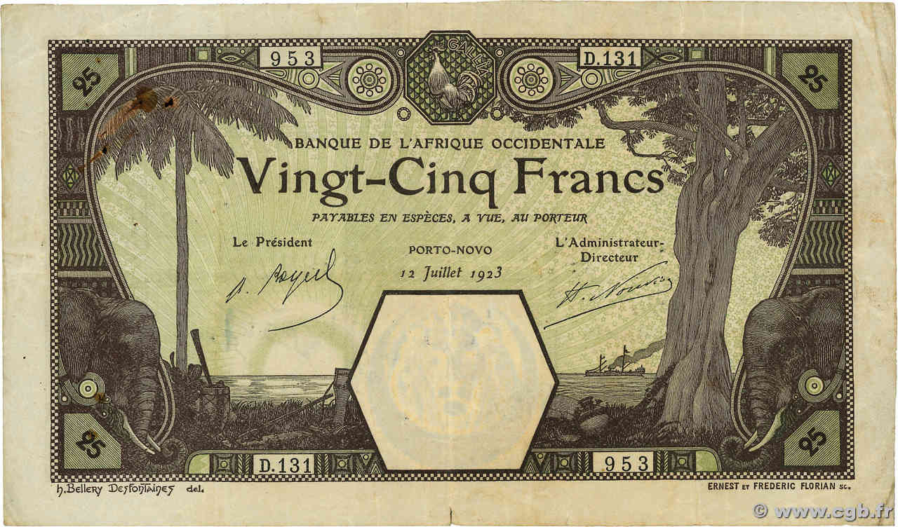 25 Francs Porto-Novo FRENCH WEST AFRICA Porto-Novo 1923 P.07Eb fSS