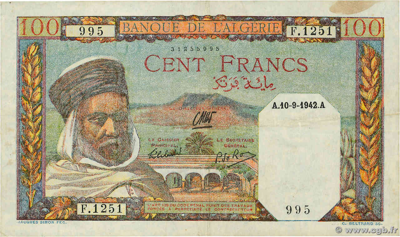 100 Francs ALGERIA  1942 P.088 VF