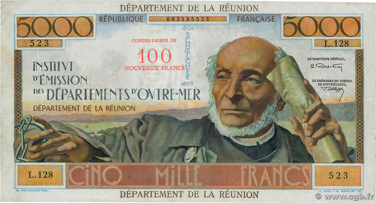 100 NF sur 5000 Francs Schoelcher ÎLE DE LA RÉUNION  1971 P.56b TTB