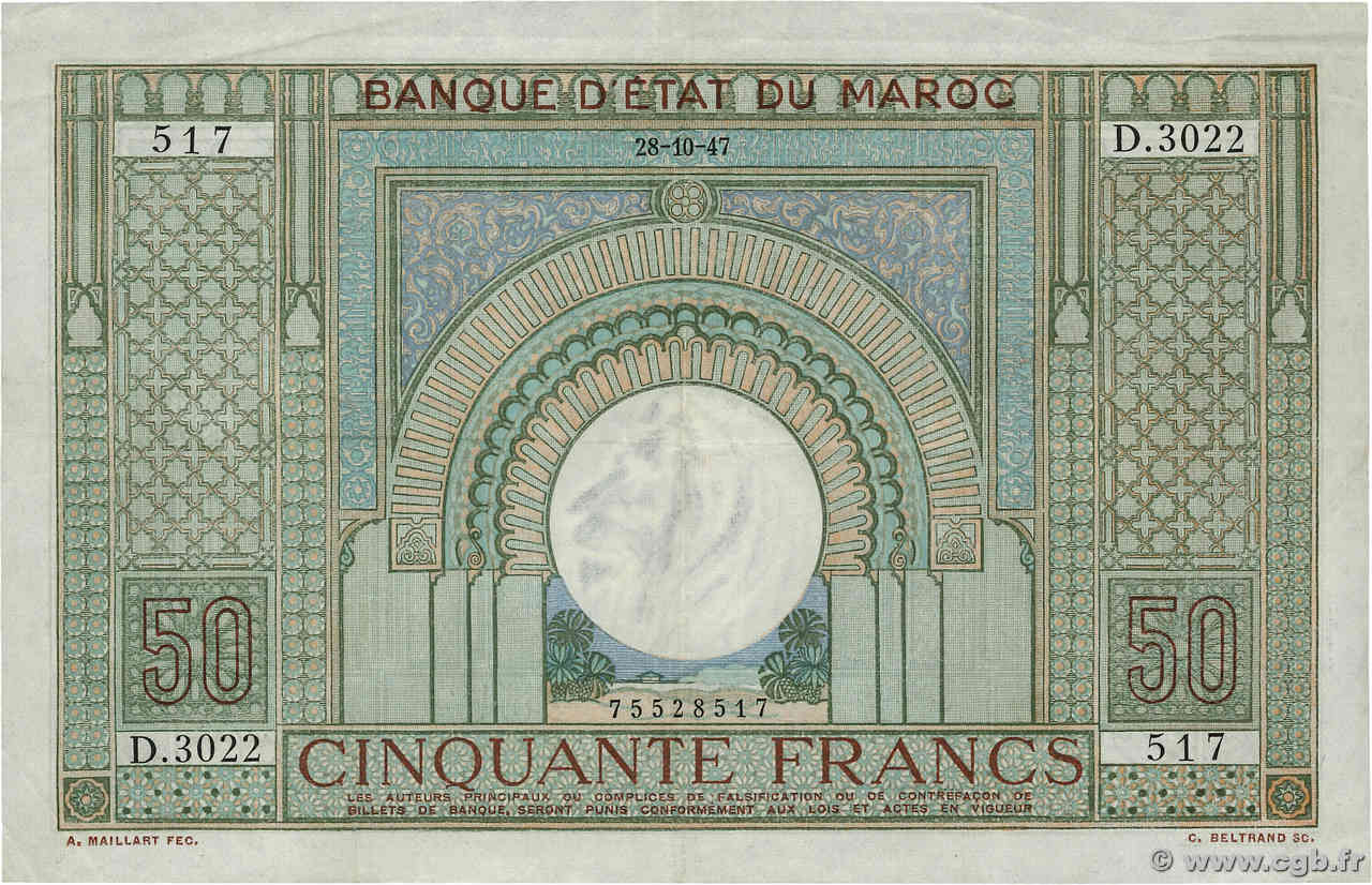 50 Francs MAROC  1947 P.21 pr.TTB