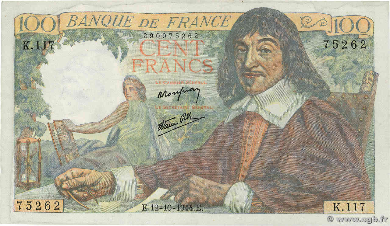 100 Francs DESCARTES FRANCE  1944 F.27.08 UNC-