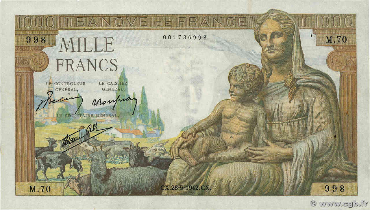 1000 Francs DÉESSE DÉMÉTER FRANCE  1942 F.40.01 TTB