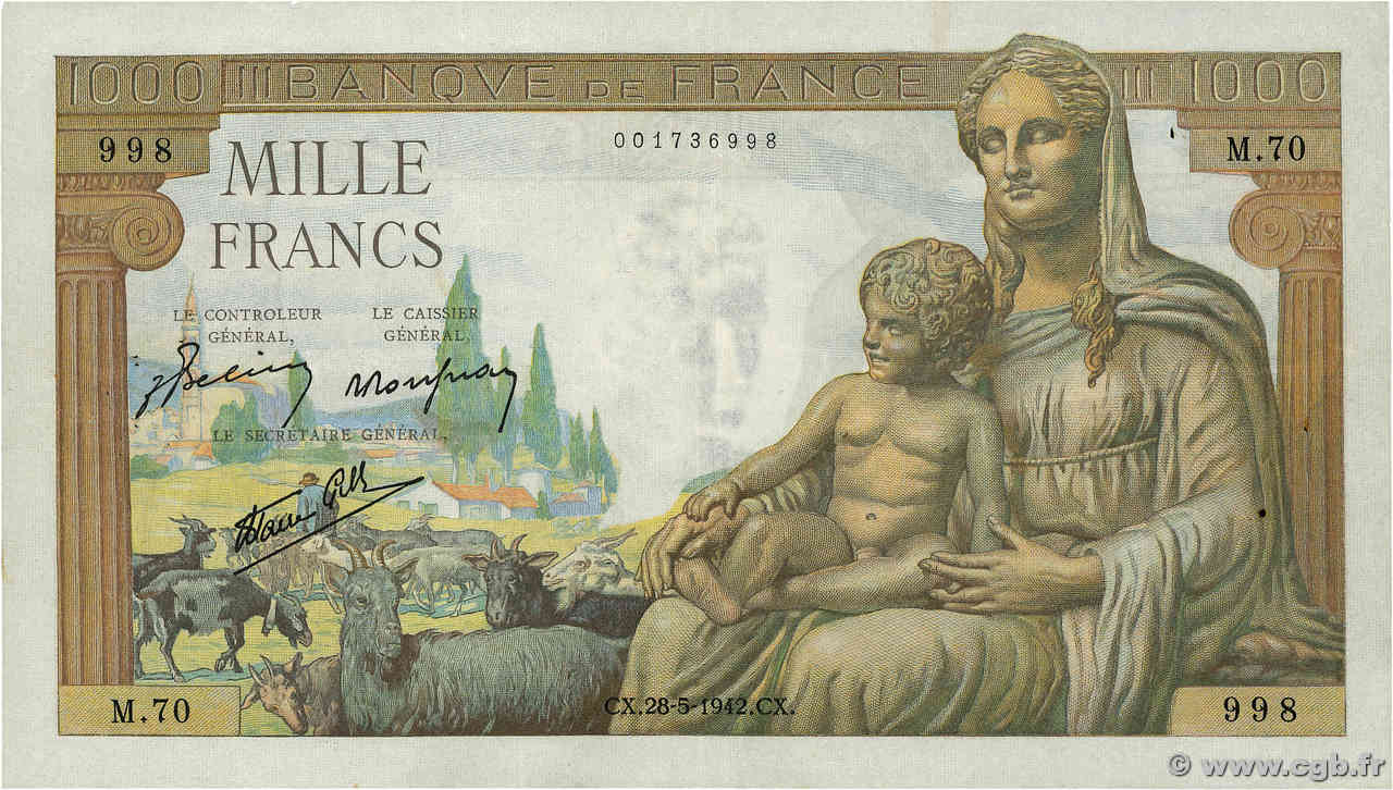 1000 Francs DÉESSE DÉMÉTER FRANKREICH  1942 F.40.01 SS