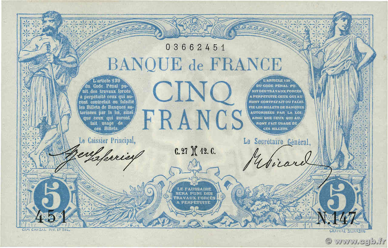 5 Francs BLEU FRANCE  1912 F.02.02 SUP