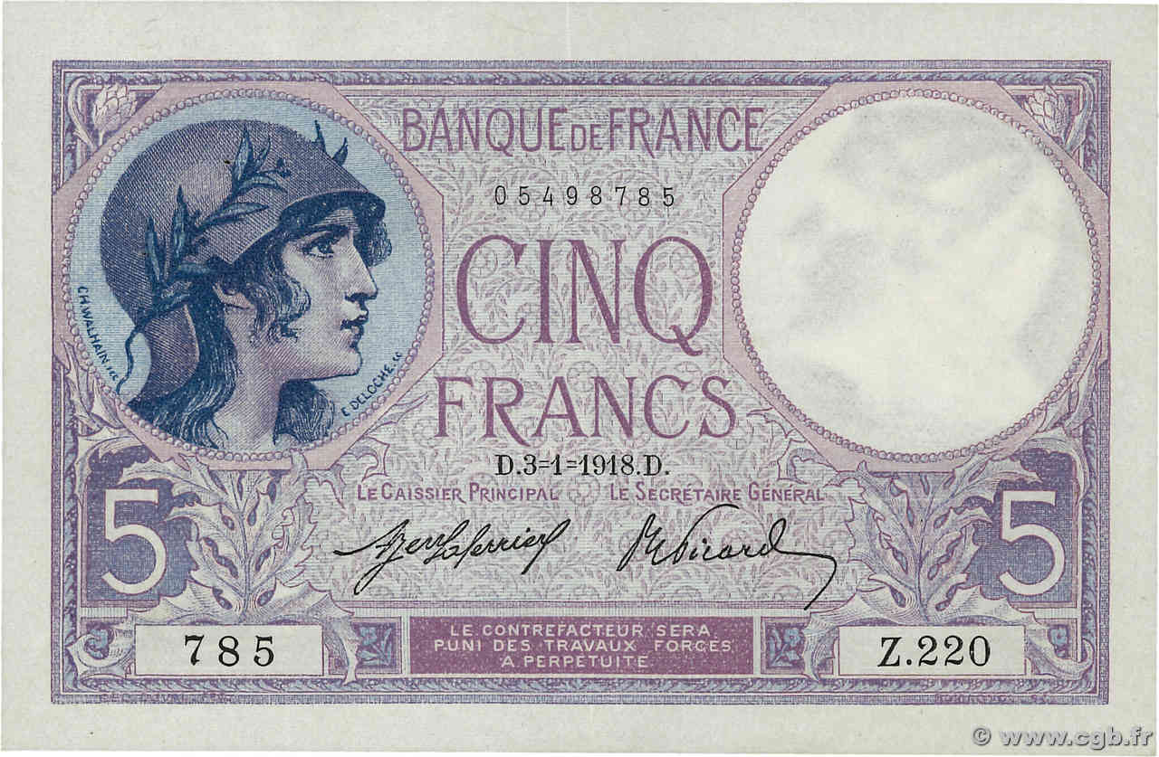 5 Francs FEMME CASQUÉE FRANKREICH  1918 F.03.02 VZ+