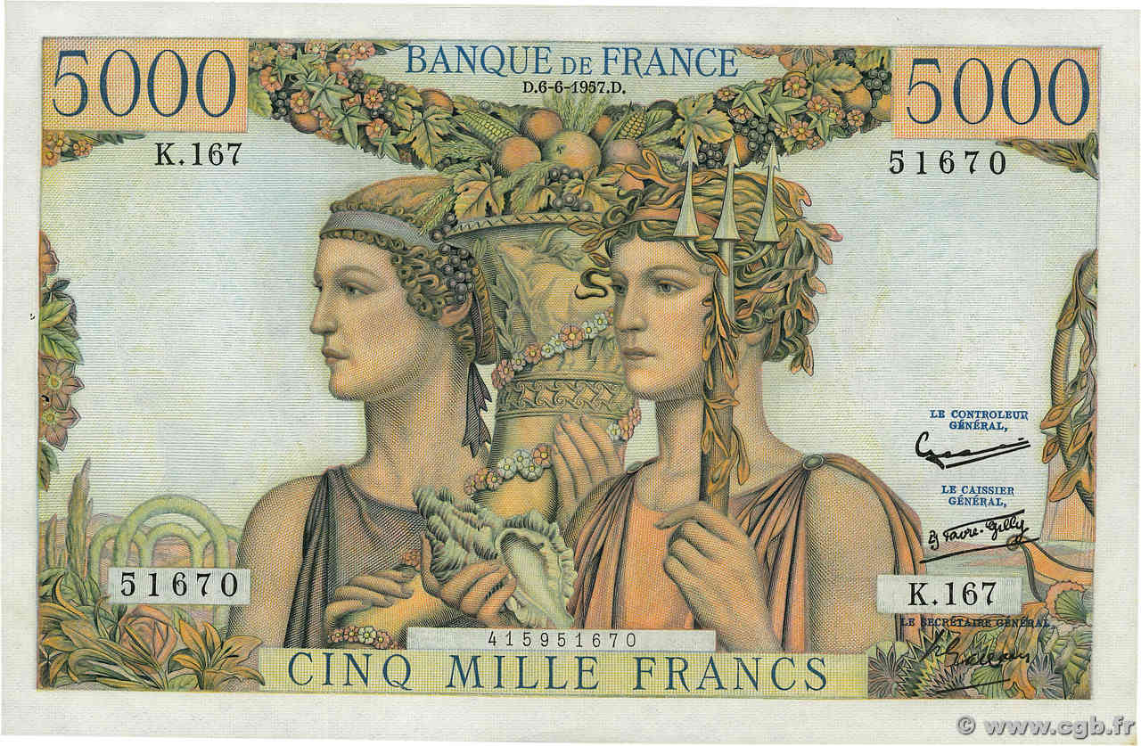 5000 Francs TERRE ET MER FRANCE  1957 F.48.15 pr.SPL