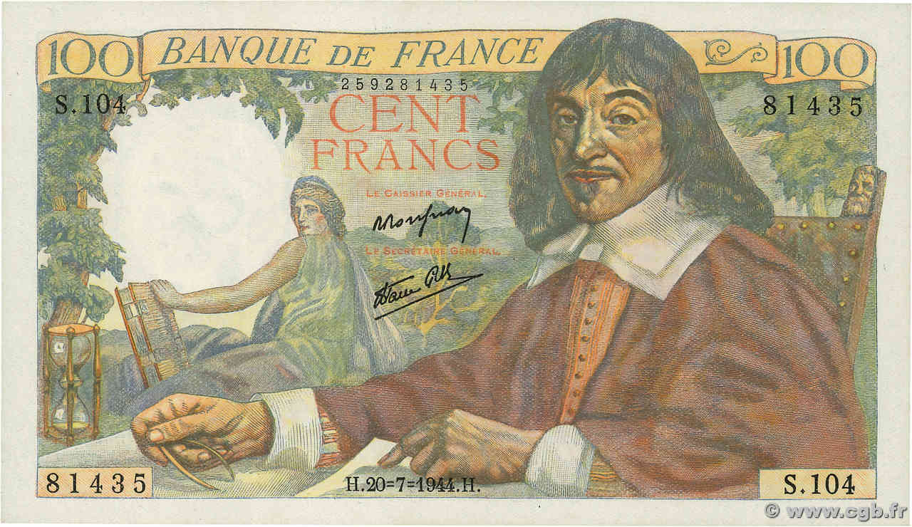 100 Francs DESCARTES FRANCIA  1944 F.27.06 FDC