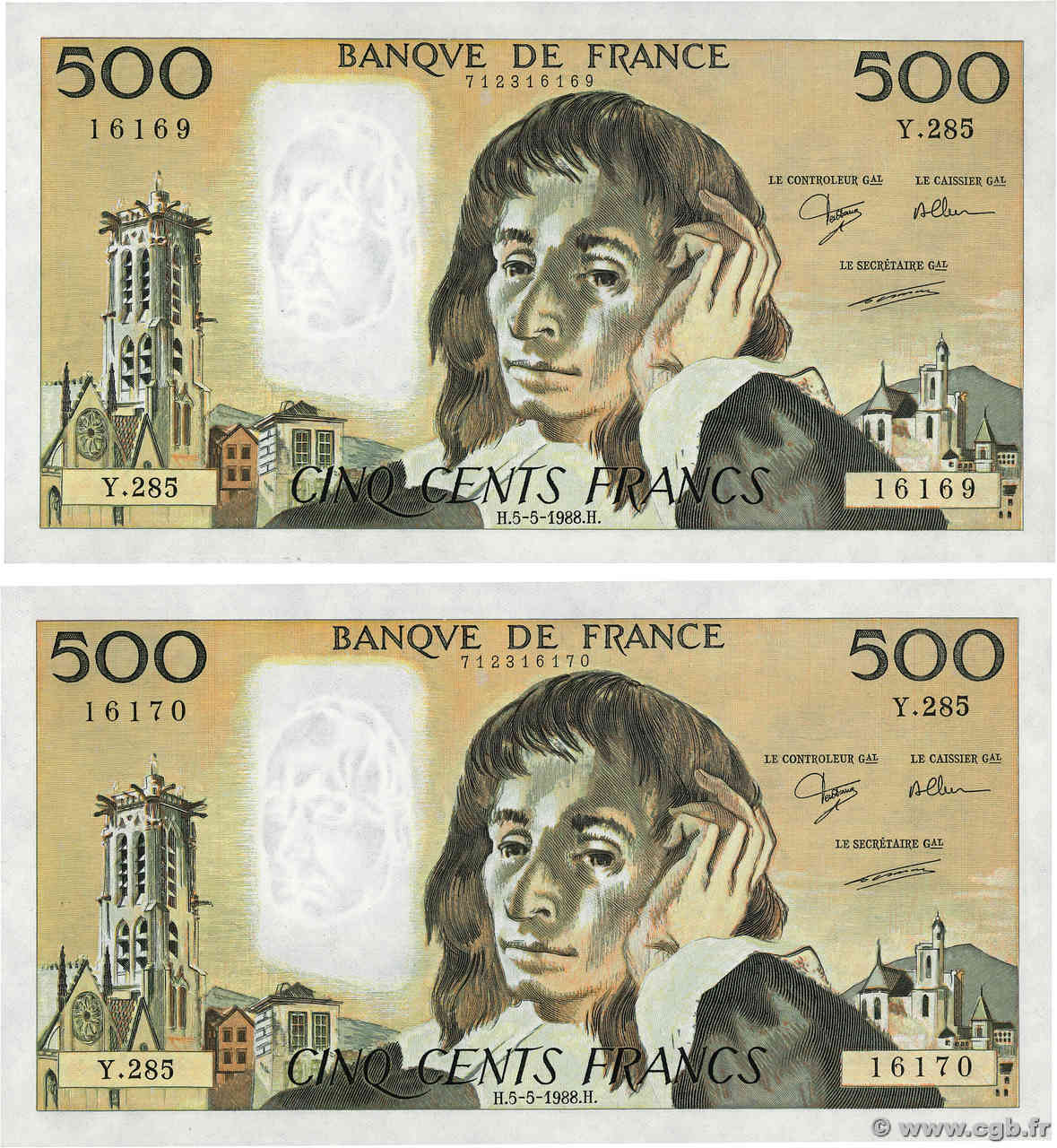 500 Francs PASCAL Consécutifs FRANCIA  1988 F.71.39 AU+