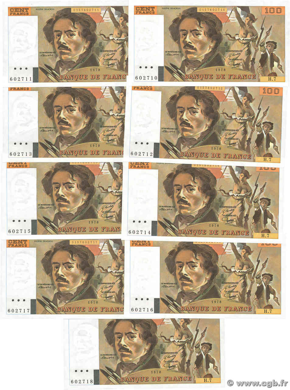 100 Francs DELACROIX modifié Consécutifs FRANCE  1978 F.69.01d UNC-