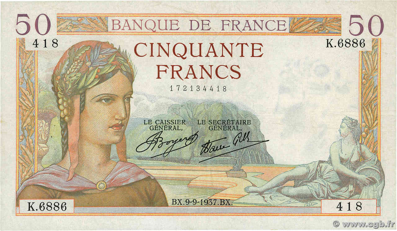 50 Francs CÉRÈS modifié FRANKREICH  1937 F.18.03 SS