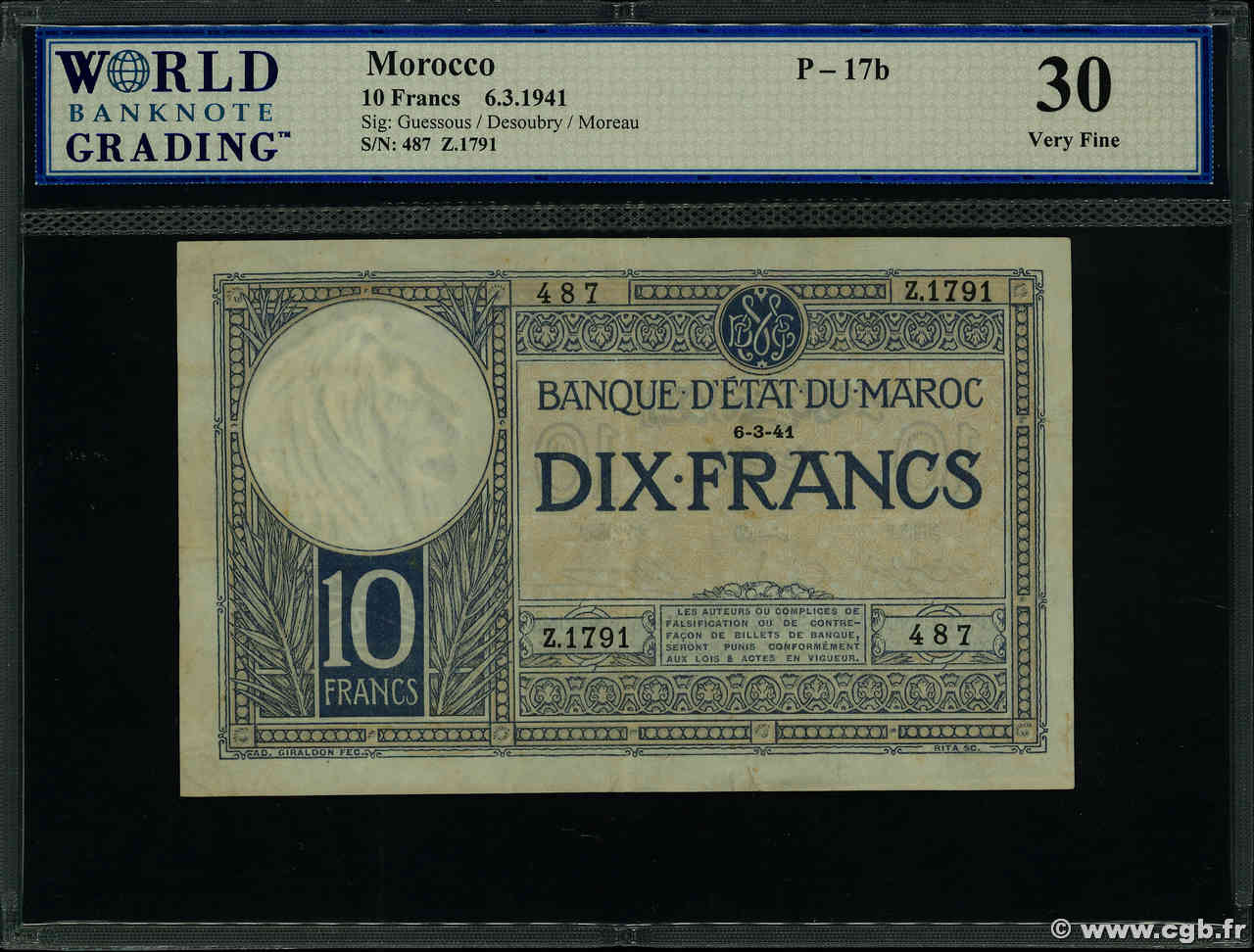 10 Francs MOROCCO  1941 P.17b VF