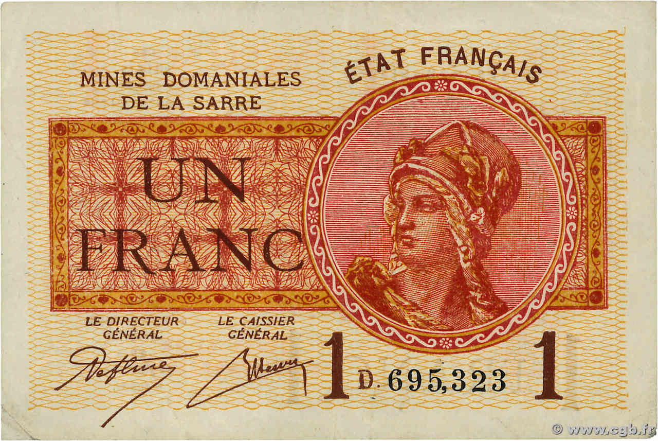 1 Franc MINES DOMANIALES DE LA SARRE FRANCIA  1920 VF.51.04 MBC