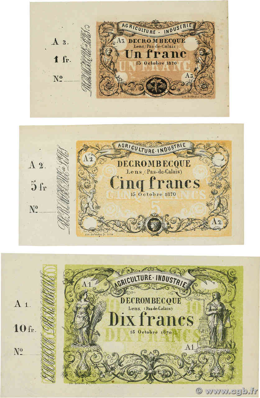 1 ,5 et 10 Francs Lot FRANCE régionalisme et divers Lens 1870 JER.62.16 pr.NEUF